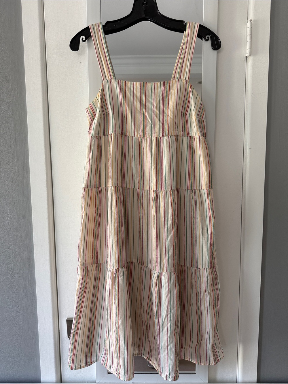 Madewell Cotton Button-Back Tiered Dress in Textural Rainbow Stripe